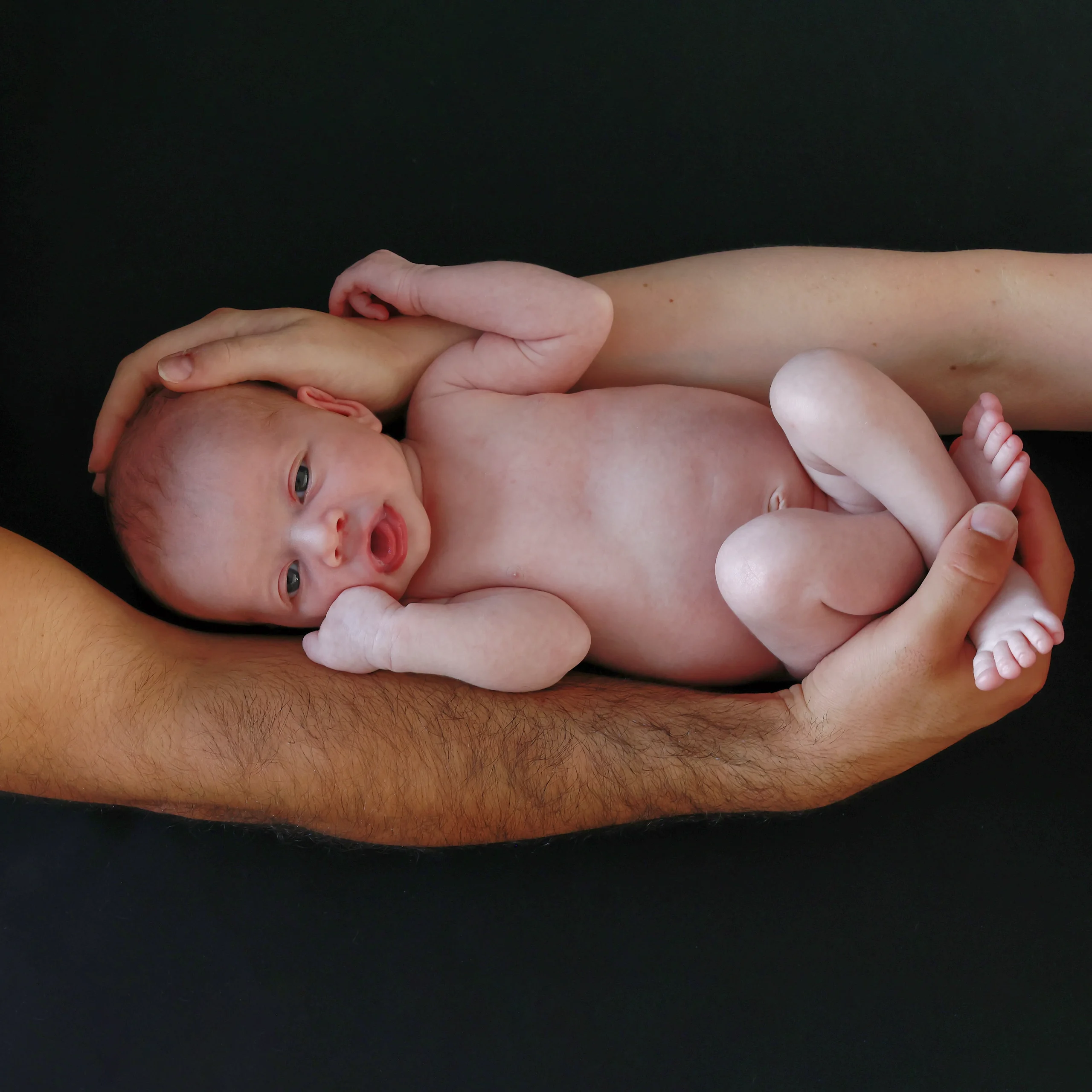 Un nouveau-né éveillé, couché en toute sécurité dans les mains jointes de ses parents. L'image est prise sur un fond noir, ce qui met en valeur la délicatesse du bébé et le lien de protection et d'amour entre les parents et leur enfant.