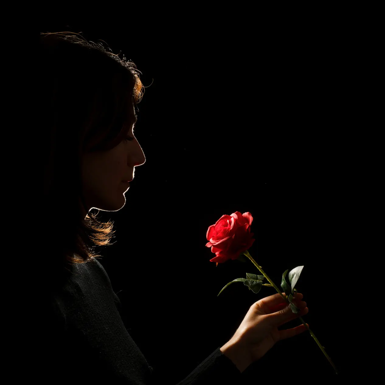 Portrait de femme en clair obscur, tenant une rose rouge, ambiance intimiste et artistique, réalisé en studio à Arras.
