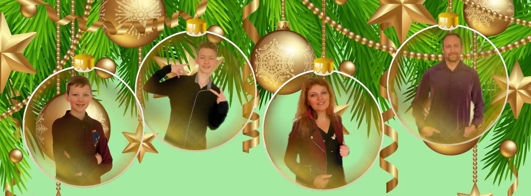 Une famille de quatre personnes dans des ornements de sapin de Noël ronds. L'arrière-plan est une décoration festive de Noël avec des boules, des étoiles et des branches de sapin.