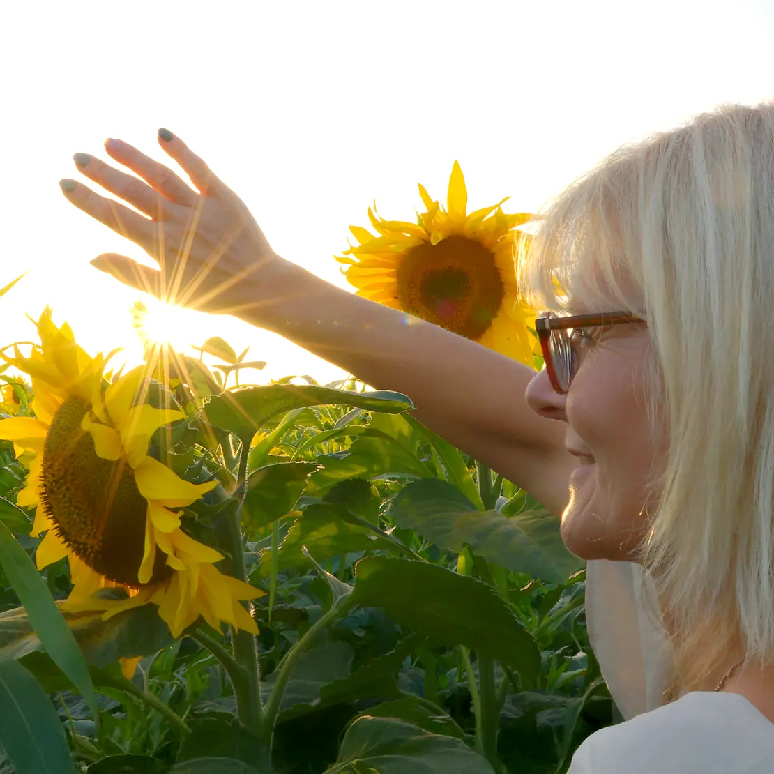 Photo de femme dans un champ de tournesols, main devant le soleil, lumière de fin de journée près d'Arras.