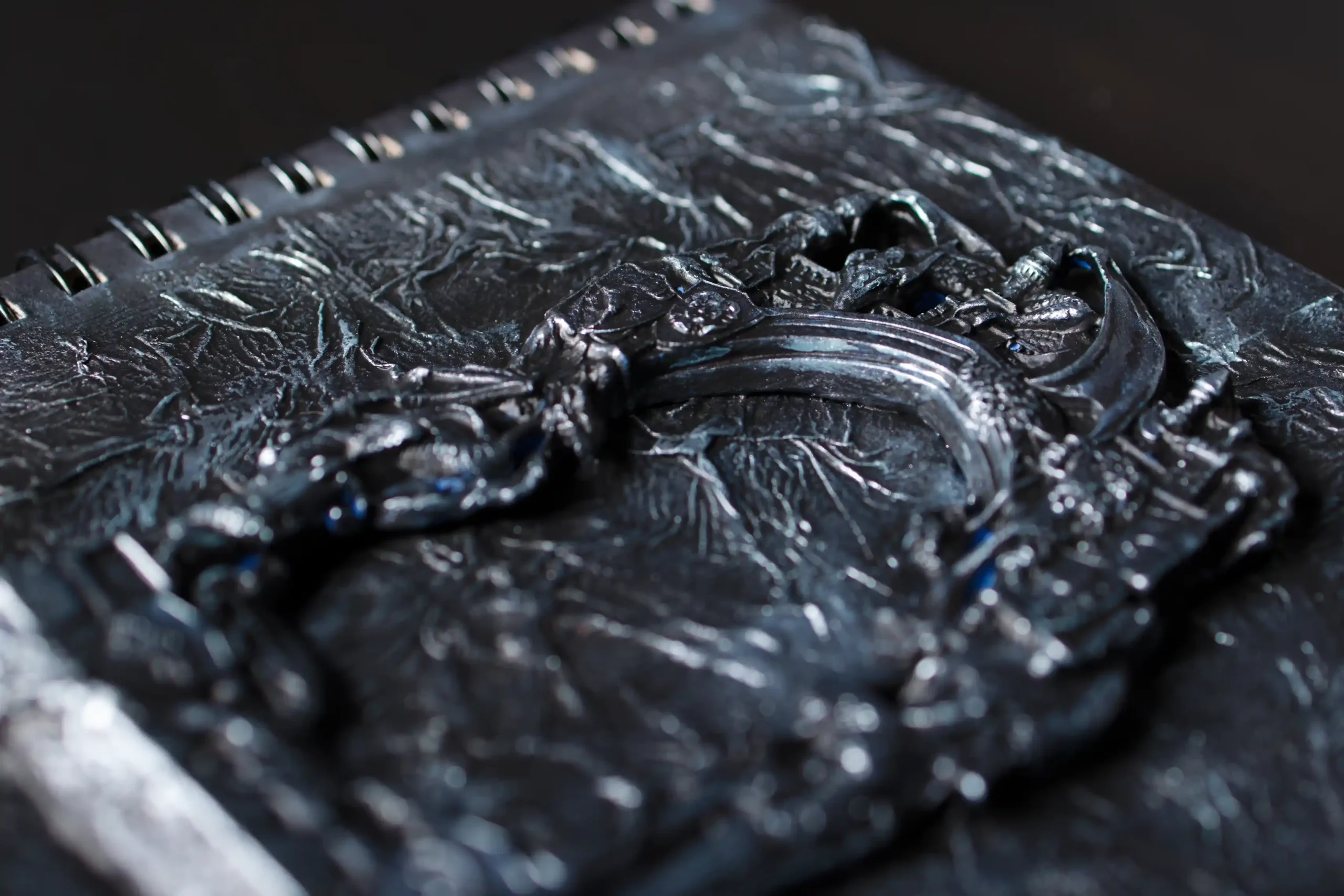 Gros plan sur un album photo à spirales, avec une couverture très texturée, grise et sombre. Un motif en relief représente une porte fantastique gardée par des têtes de dragon en métal et un pont en arc.