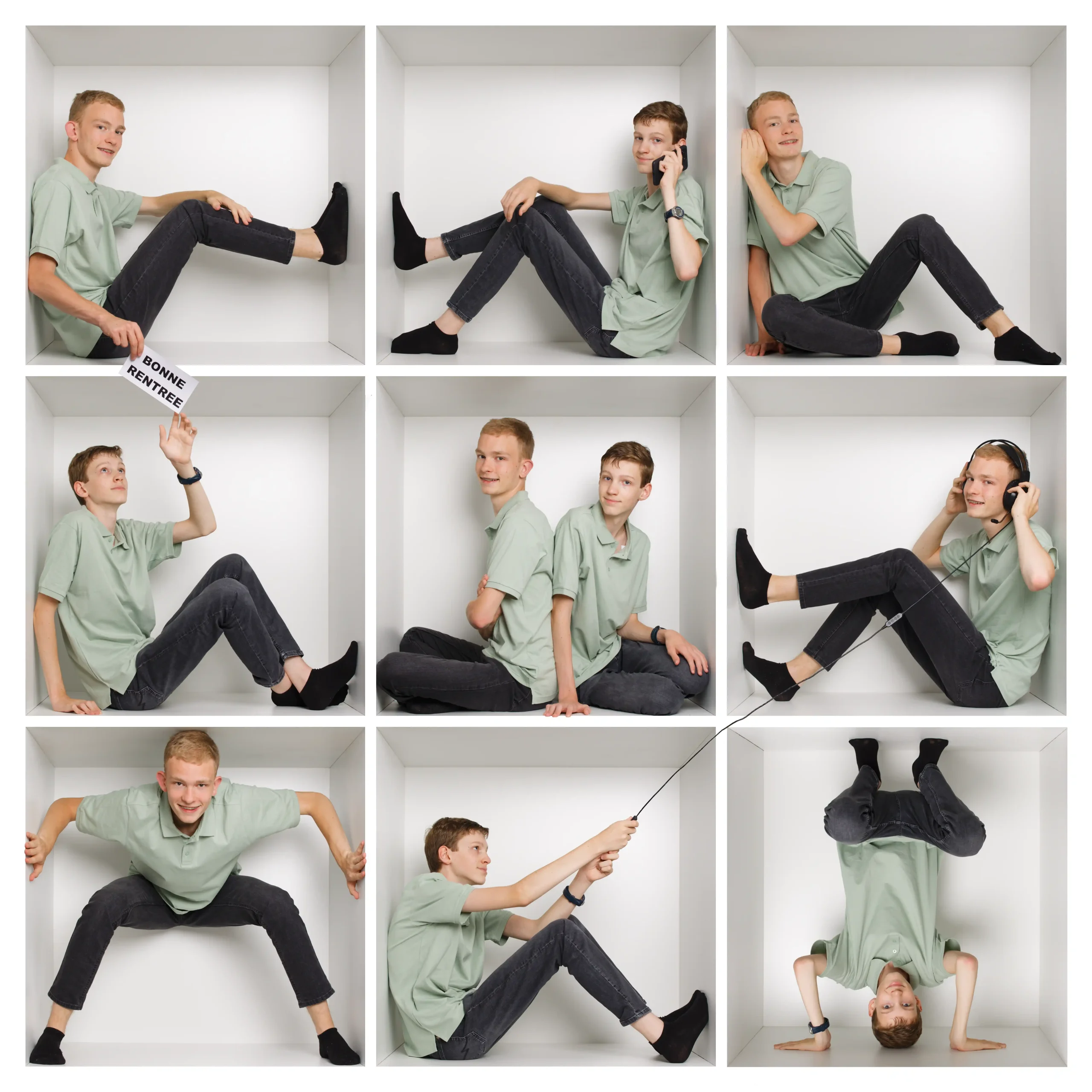 Photomontage avec la Family box 3x3. A l'intérieur de ces boites, 2 adolescents, des frères,<br />
interagissent entre eux. La bonne humeur règle.