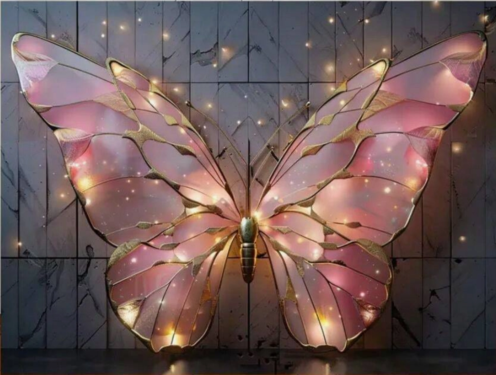 Fond photo représentant un papillon fait de vitrail en rose, et soudé d'or. l'mabiance est féérique avec les lumières.