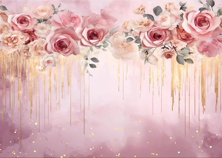 fond photo représentant un mur faux uni rose. Des fleurs sont représentés en hauts, avec des filaments dorés qui tombent.