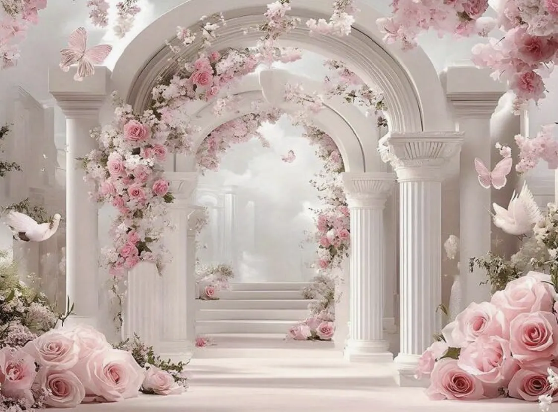 fond photo représentant des ouvertures en formes d'arches grèques. Des escaliers blancs au milieu mènent vers en endroit réveur. Des fleurs roses sont placées un peu partout.<br />

