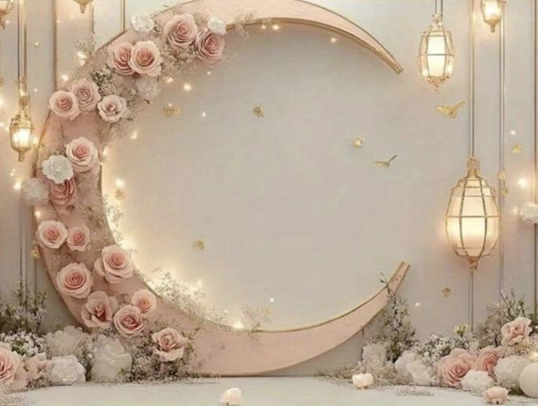Fond photo represéentant la lune des roses ornent la lune et sont parsemées sur le sol