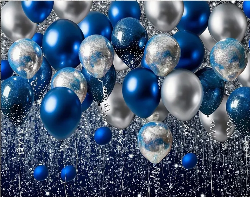 Fond photo représentant la fête avec des ballons bleus et argentés gonflés à l'hélium.