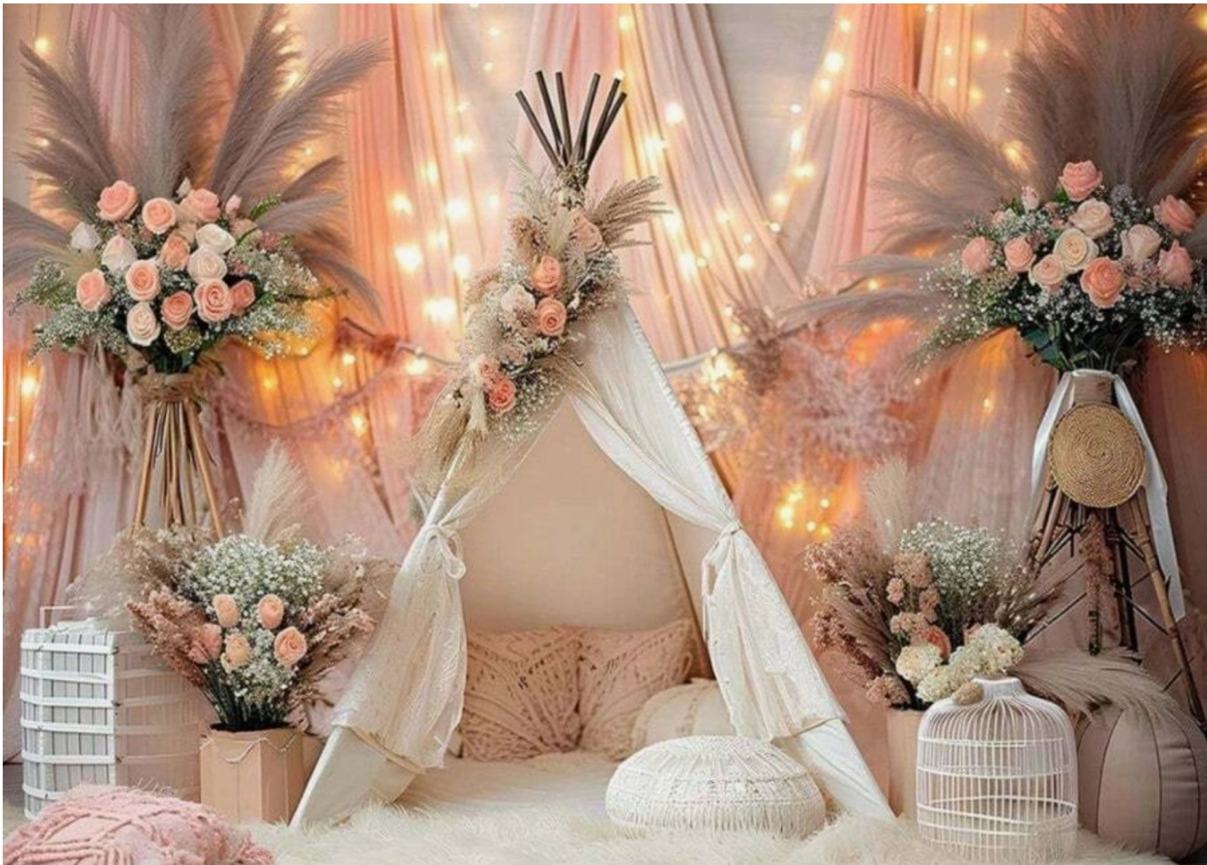 Fond photo représentant un tipi. L'ambiance est romantique et bohème, avec des fleurs, des herbes de pampas, et des voilages.