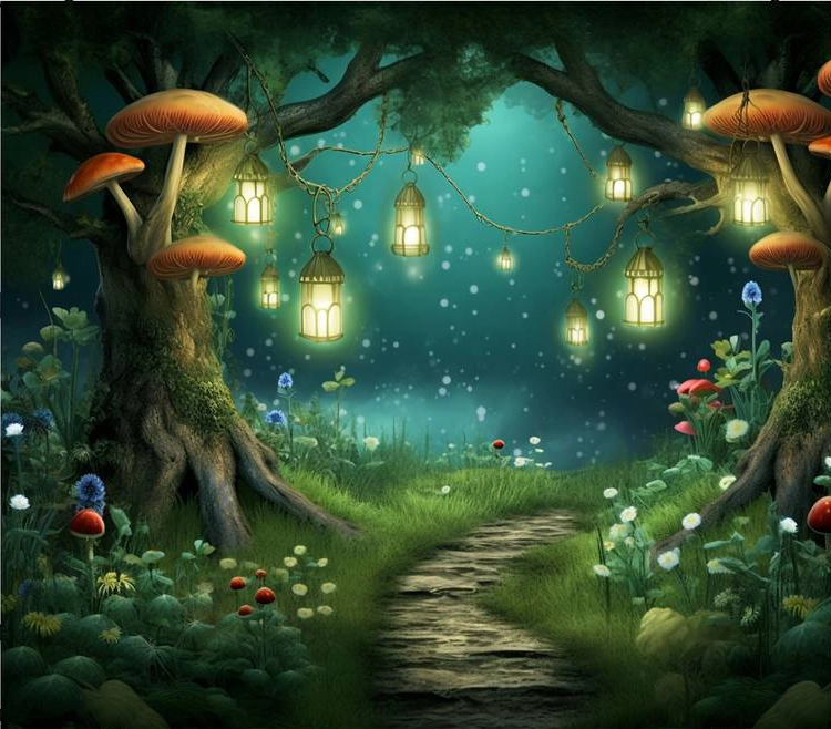 Fond photo représentant une ambiance féérique dans une forêt. le chemin est guidé par des lumières.