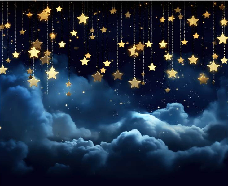 Fond photo représentant un ciel bleu nuit. Des nuages bleues foncés sont dans le bas et au dessus, des étoiles dorées sont suspendues par des files.