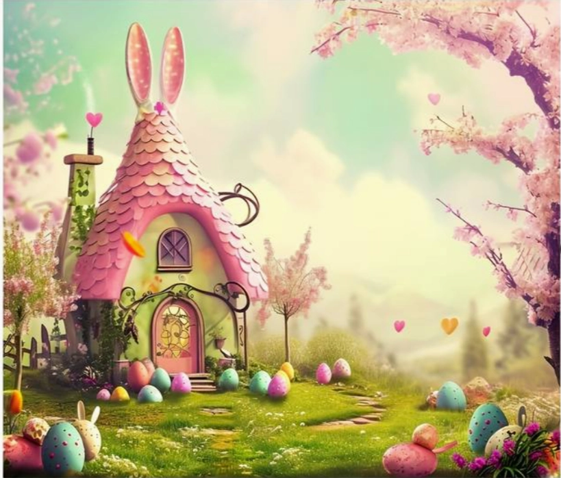 Fond photo représentant un décor de paques. Il y a une maison avec des oreilles de lapin. des oeufs sont parsemés dans la pelouse. Le décor est féérique. Les couleurs sont tendres.