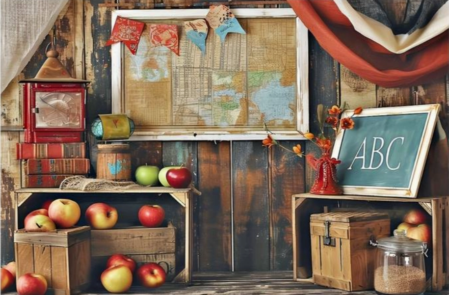 Fond photo pour la rentrée des classes. Il y a un tableaux, des caisses, des pommes.