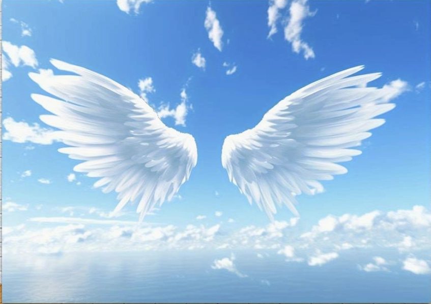 Fond photo représentant le ciel avec des nuages. Des ailes d'ange sont déployées sur une grande surface.