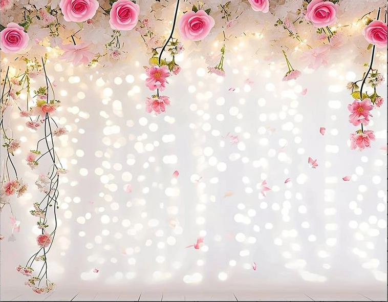 Fond photo représentant  un mur de lumière en bokeh. Des roses pendent en haut et sur les cotés.