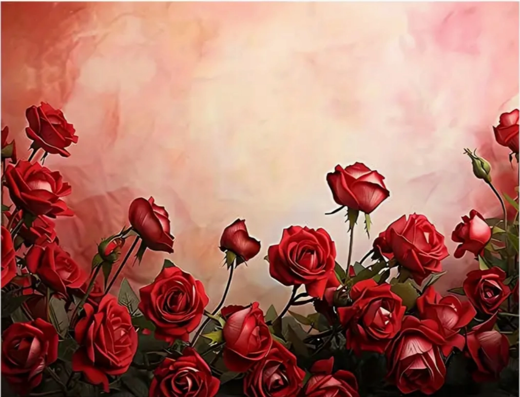 Fond photo représentant  des roses rouges sur un mur en faux uni rouge.