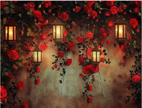 Fond photo représentant  un mur beige marron, avec des roses qui tombent sur le haut et des lanternes allumées.