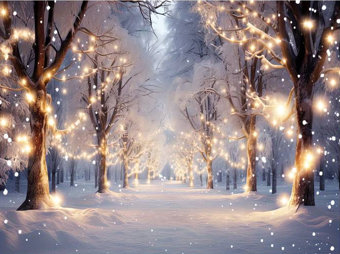 Fond photo représentant  une allée bordée d'arbres et enneigée. Des lumières sont placées sur ces arbres.