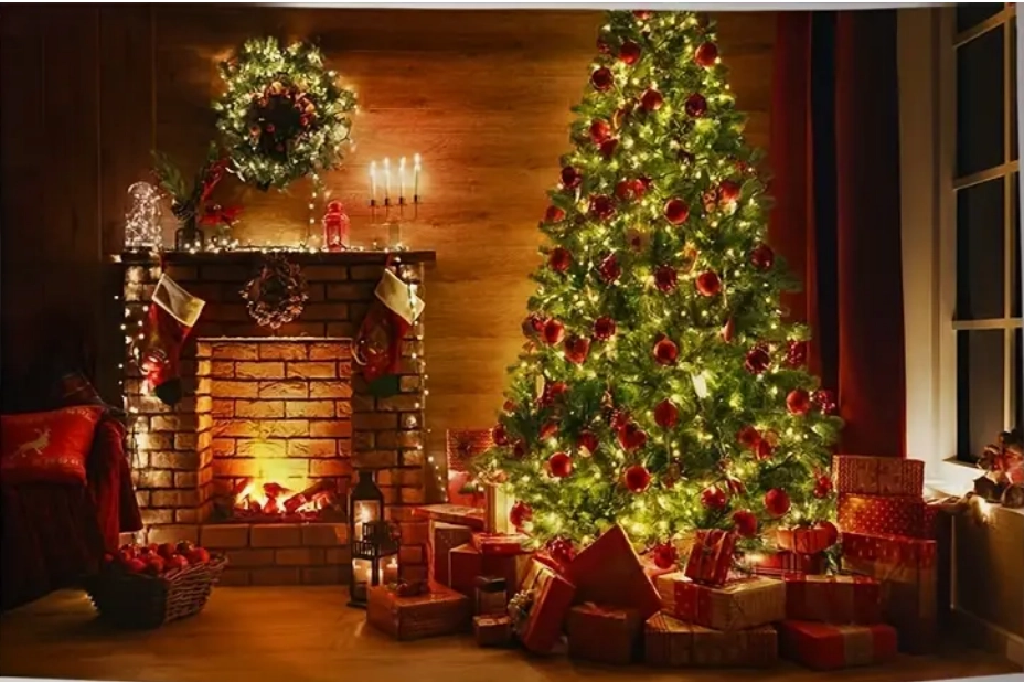 Fond photo représentant un salon décoré pour Noël. Il y a un grand sapin et plein de cadeaux à son pied. Il y a une cheminée à feu de bois qui fonctionne. La pièce est éclairée de guirlandes.