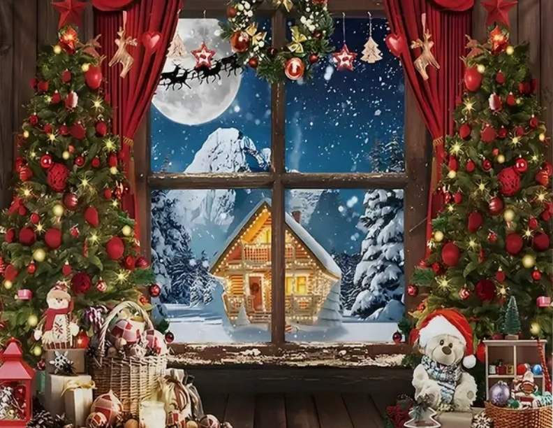 Fond photo représentant  la nuit de Noël. 2 sapins bordent une fenêtre d'un chalet. A l'extéiruer, on voit un autre chalet illuminé par les guirlandes. Il y a de la neige, il fait nuit, et devant la pleine lune, on voit les reines du pere noël.