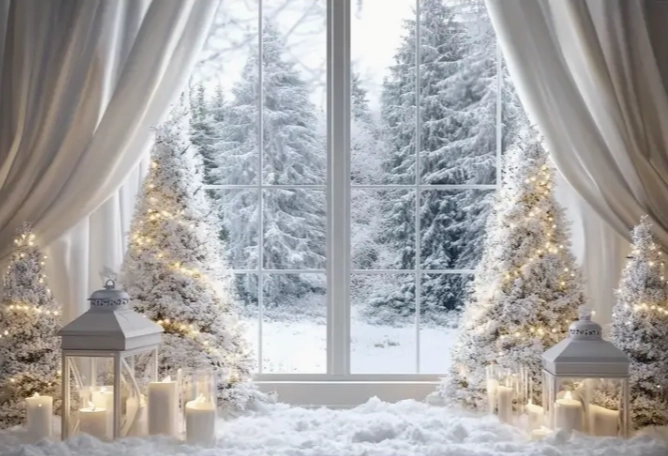 Fond photo représentant    un intérieur blanc, décoré en blanc pour Noël. a travers la fenêtre, on voit des sapins enneigés.