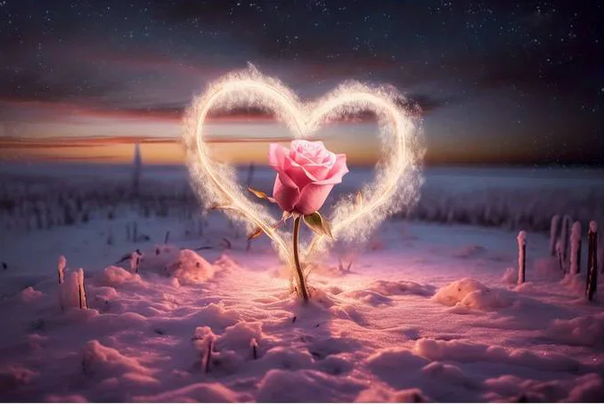 Fond photo représentant  une rose sur un sol enneigé et ros&é par la lumière du ciel. Un coeur entoure cette rose.