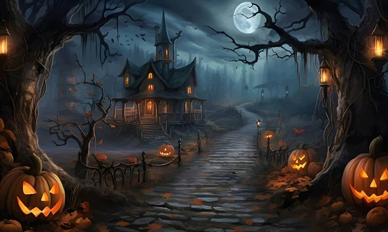 Fpnd photo pour halloween. Un manoir en arrière plan est illuminé. Des arbres et des citrouilles sont de part et d'autre.<br />

