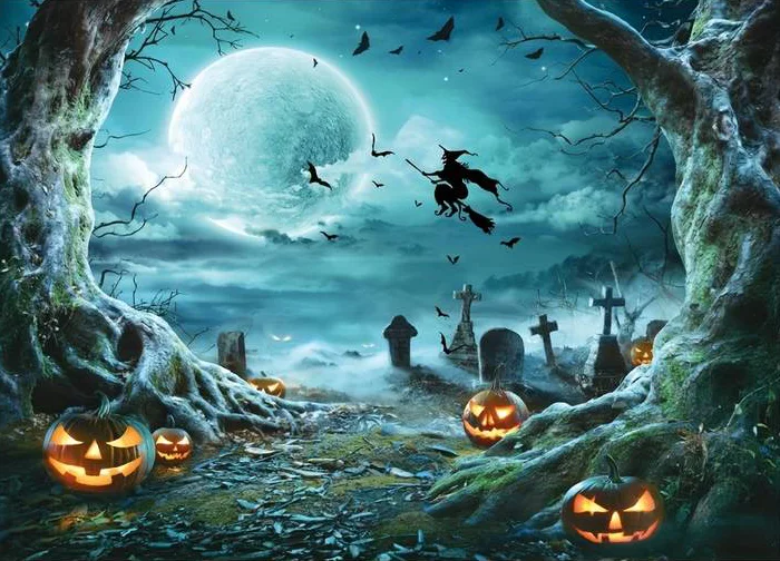 Fond photo pour halloween. Deux arbres de chaque coté bordent un cimetière. C'est la pleine lune, une sorcière vole sur son balai.