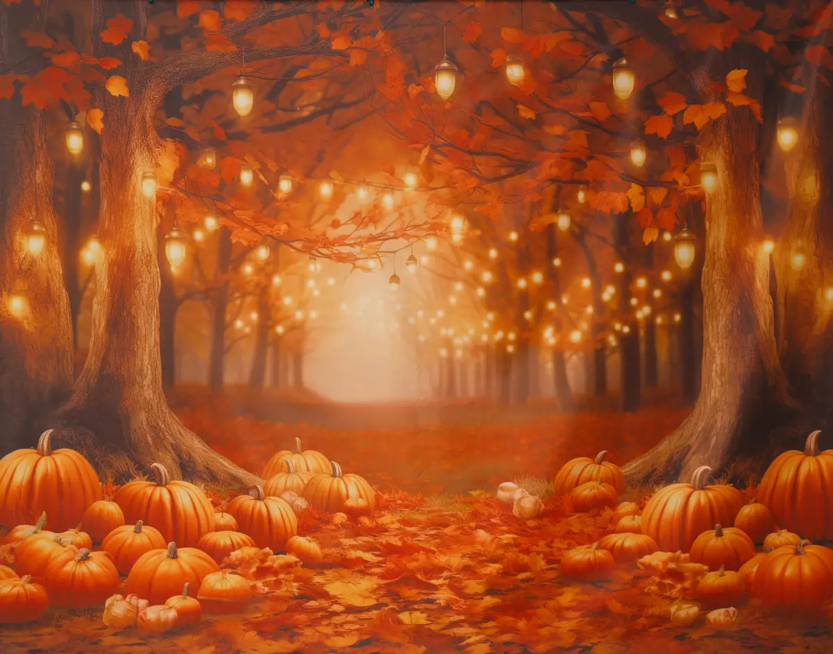 Fond photo répresentant une forêt, au couleur d'automne. Deslumières scintillent dans les arbres. Au bord, des citrouilles décorent les pies des arbres.
