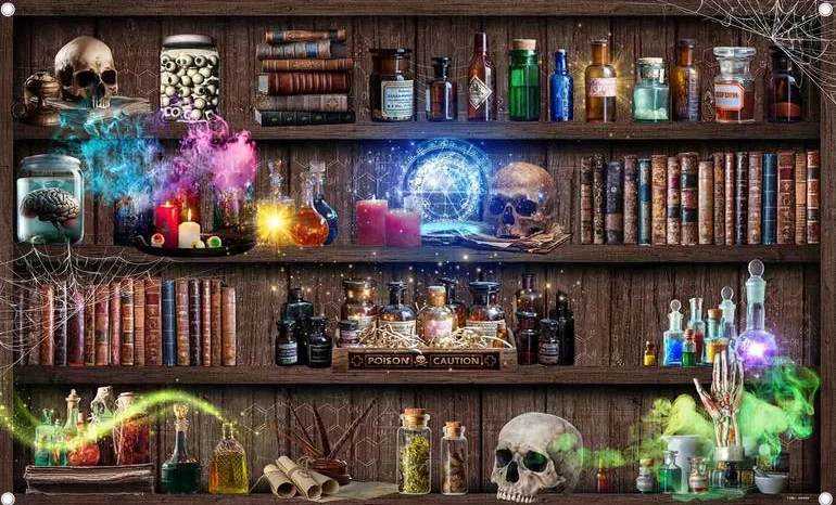 Fond studio réprensentant une étagère de livres, avec des potions, des cranes. Etagère de sorcier.