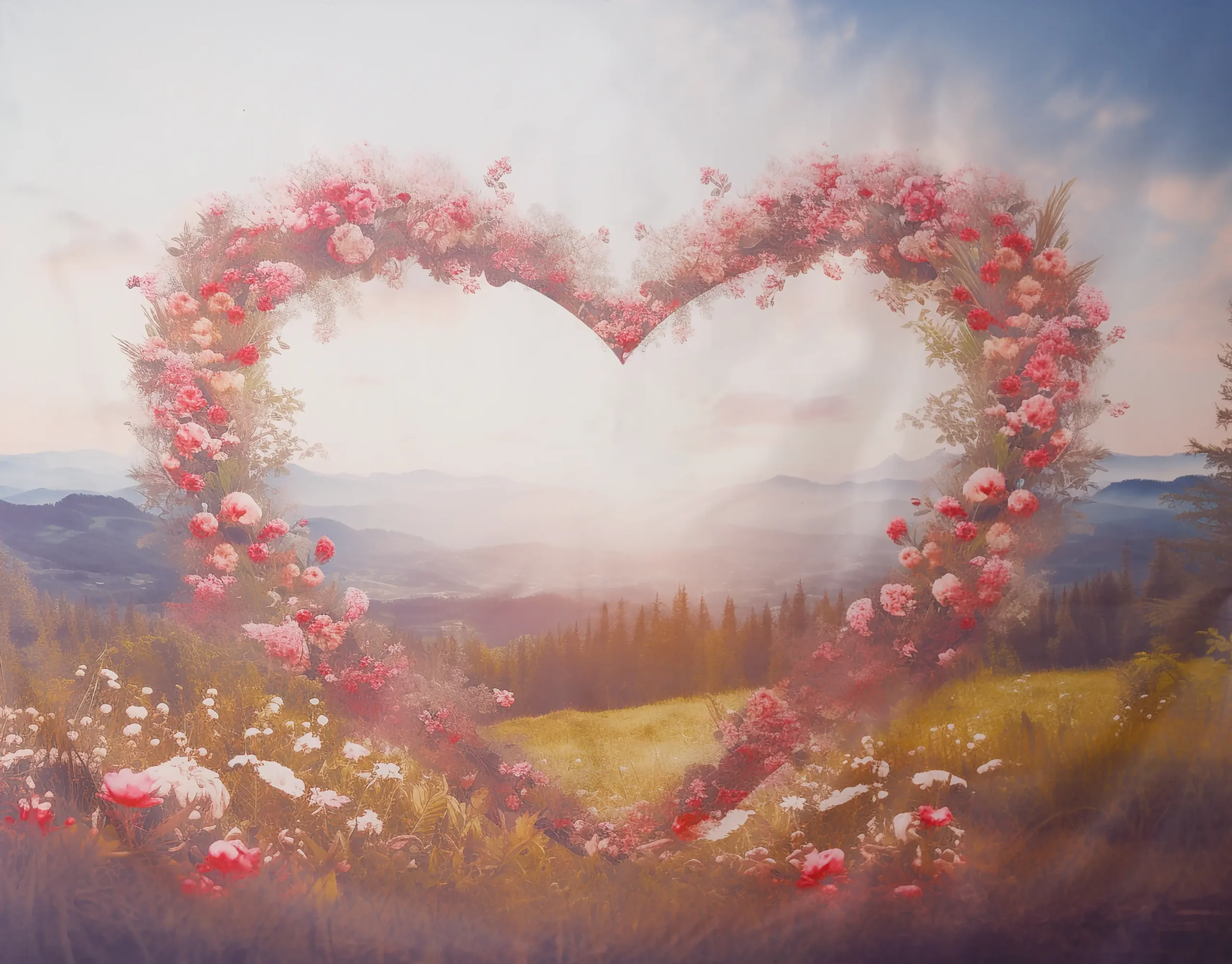 Fond photo représentant un coeur avec des fleurs. En arrière plan, on aperçoit un paysage.