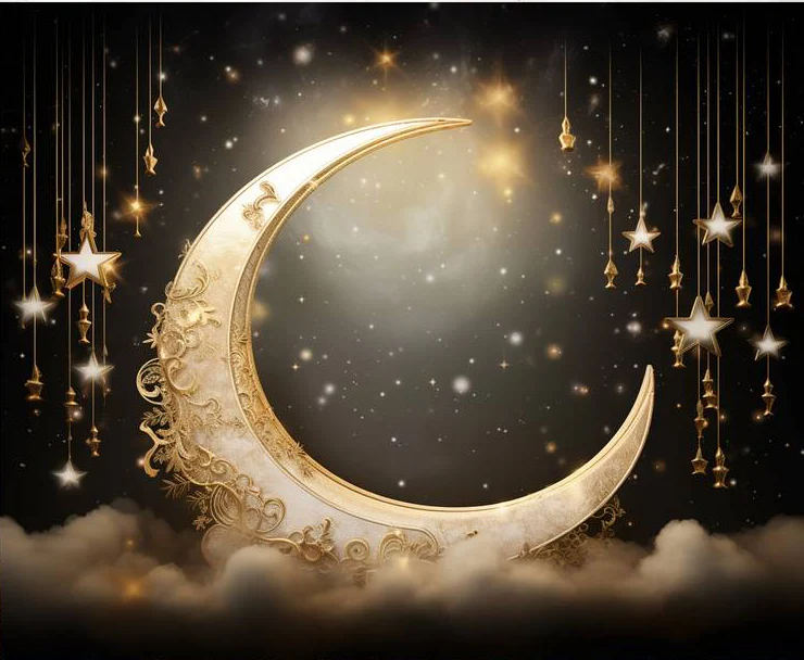 Fond photo représentant la lune sur des nuages. Des étoiles tombent sur les cotés. L'ensemble représente un décor burlesque.