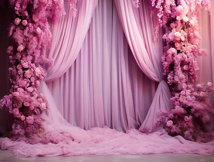 Fond photo représentant un grand voilage décoré de fleur sur les côtés.