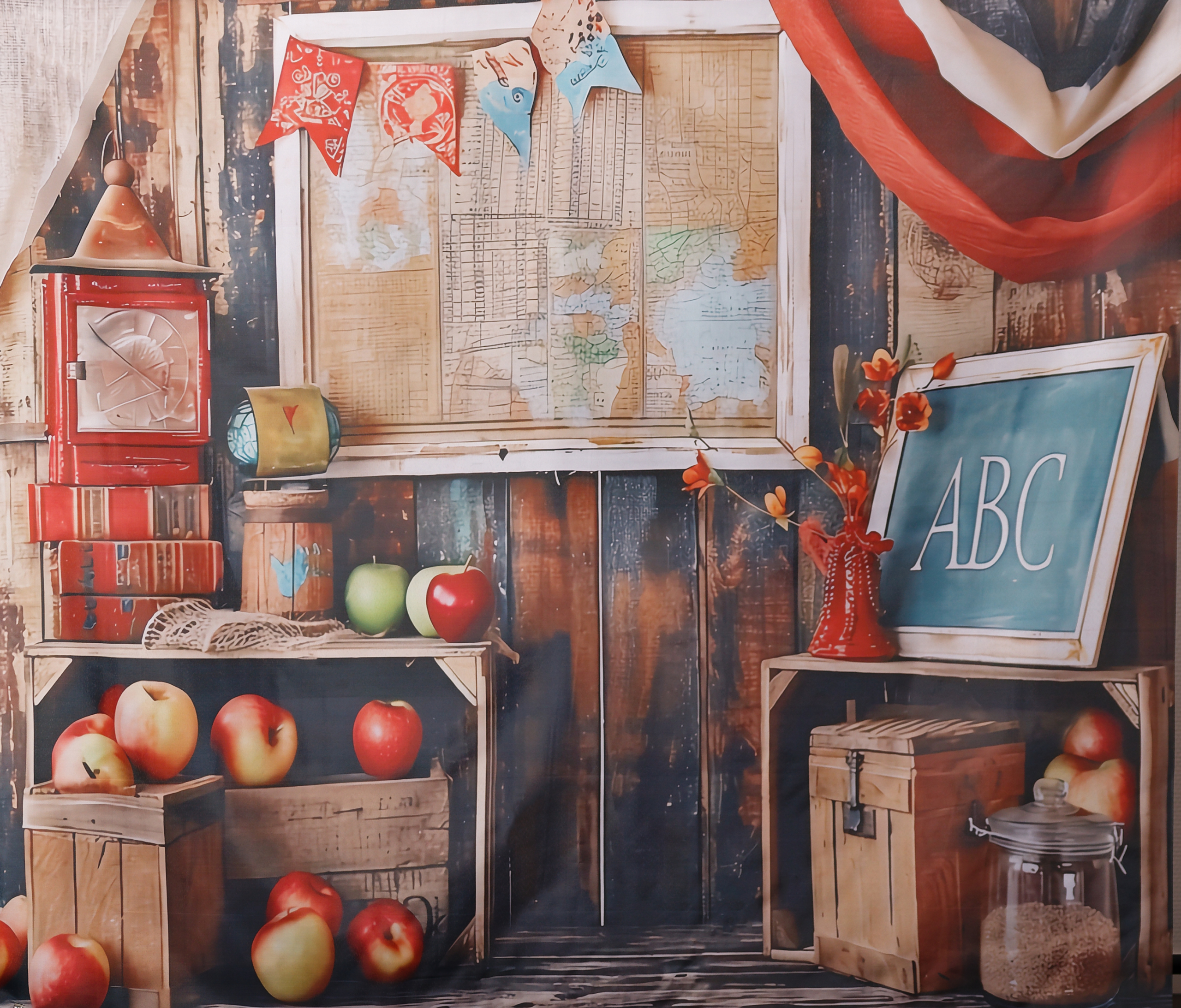 Fond photo représentant une classe d'époque. Il y a des cageots et des pommes.