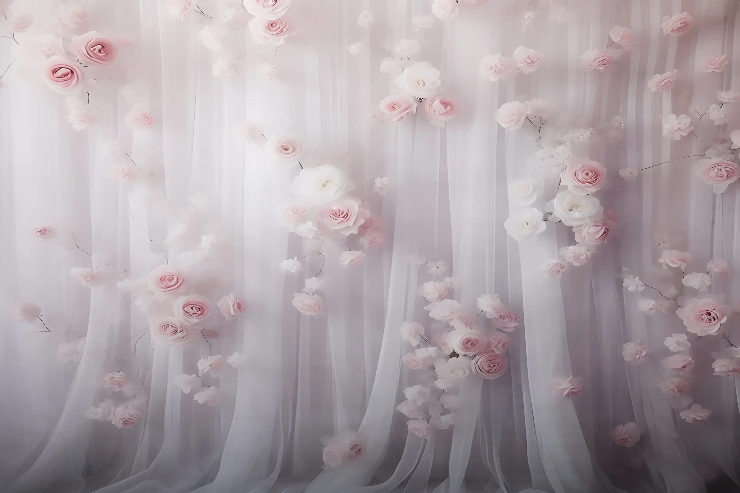 Fond photo représentant un large rideau blanc, avec des fleurs qui l'ornent.