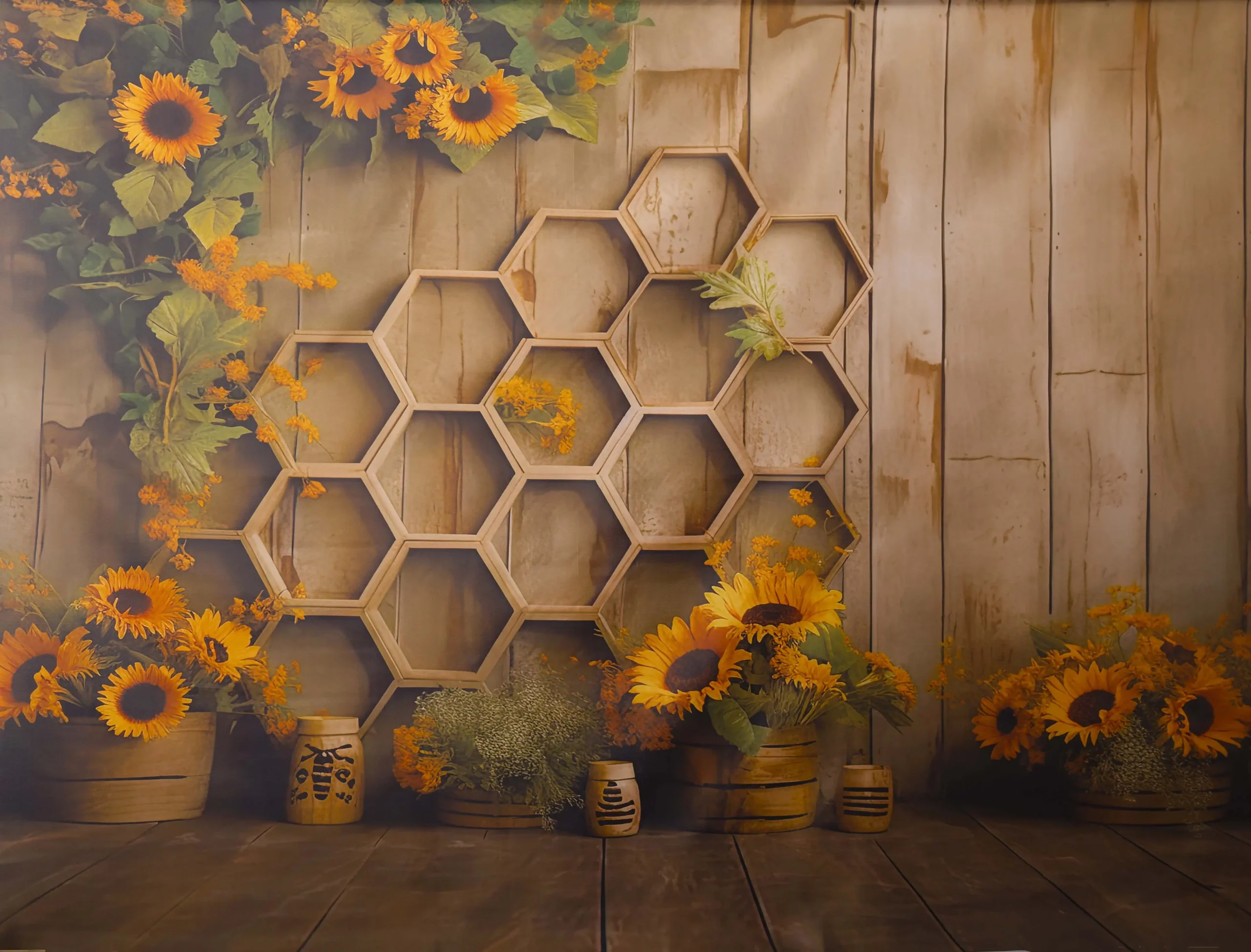 Fond photo représentant des fleurs de tournesol. Le mur représente des alvéoles d'abeilles.