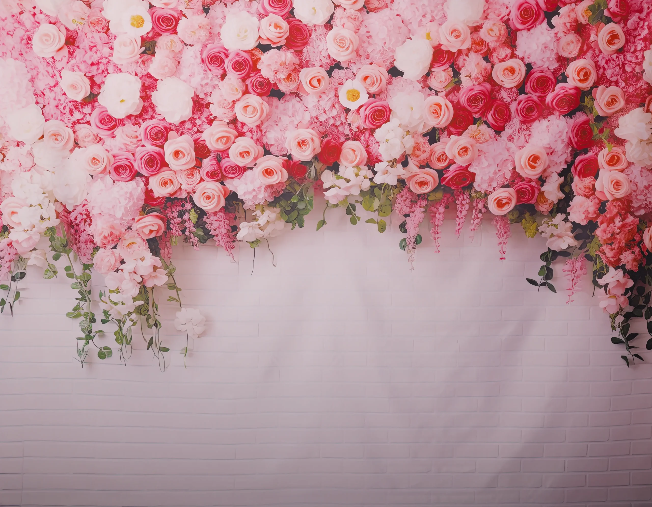 Fond photo représentant un mur blanc de briques. Des fleurs tombent sur le haut de ce mur.
