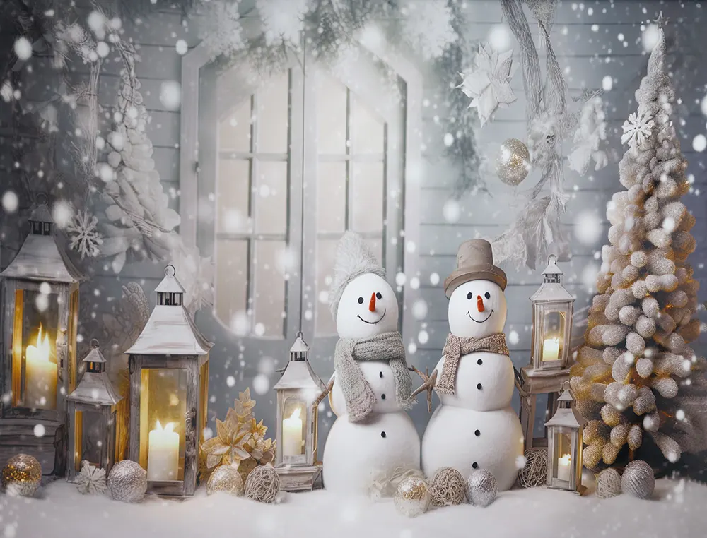 fond photo représentant un décor d'hiver. des bonhommes de neige et des grandes lanternes sont devant une grande porte d'entrée.