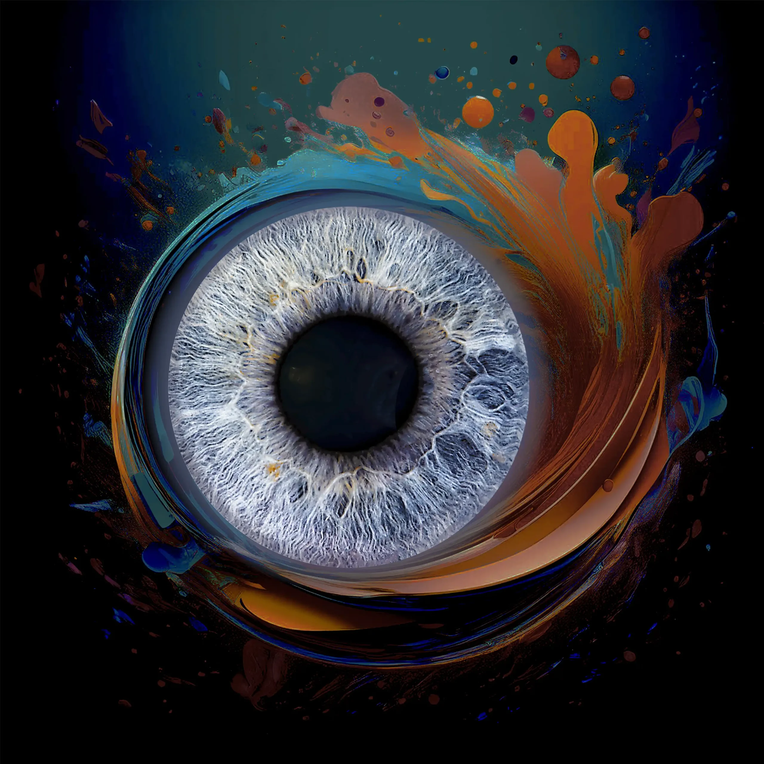 Un gros plan d'un iris humain est entouré d'éclaboussures de peinture fluides et de taches de couleur orange et bleue. L'iris a une texture détaillée, créant un contraste entre le réalisme de l'œil et l'abstraction de la peinture.