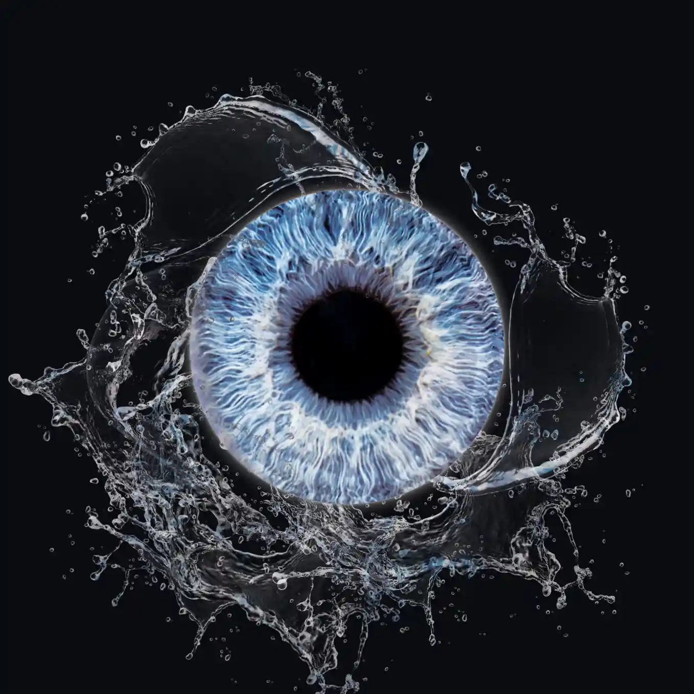 Un iris humain de couleur bleue et grise est au centre d'une grande éclaboussure d'eau. Les gouttelettes et les mouvements de l'eau sont figés, créant une image dynamique qui fait penser au mouvement, à la fluidité et à la pureté.