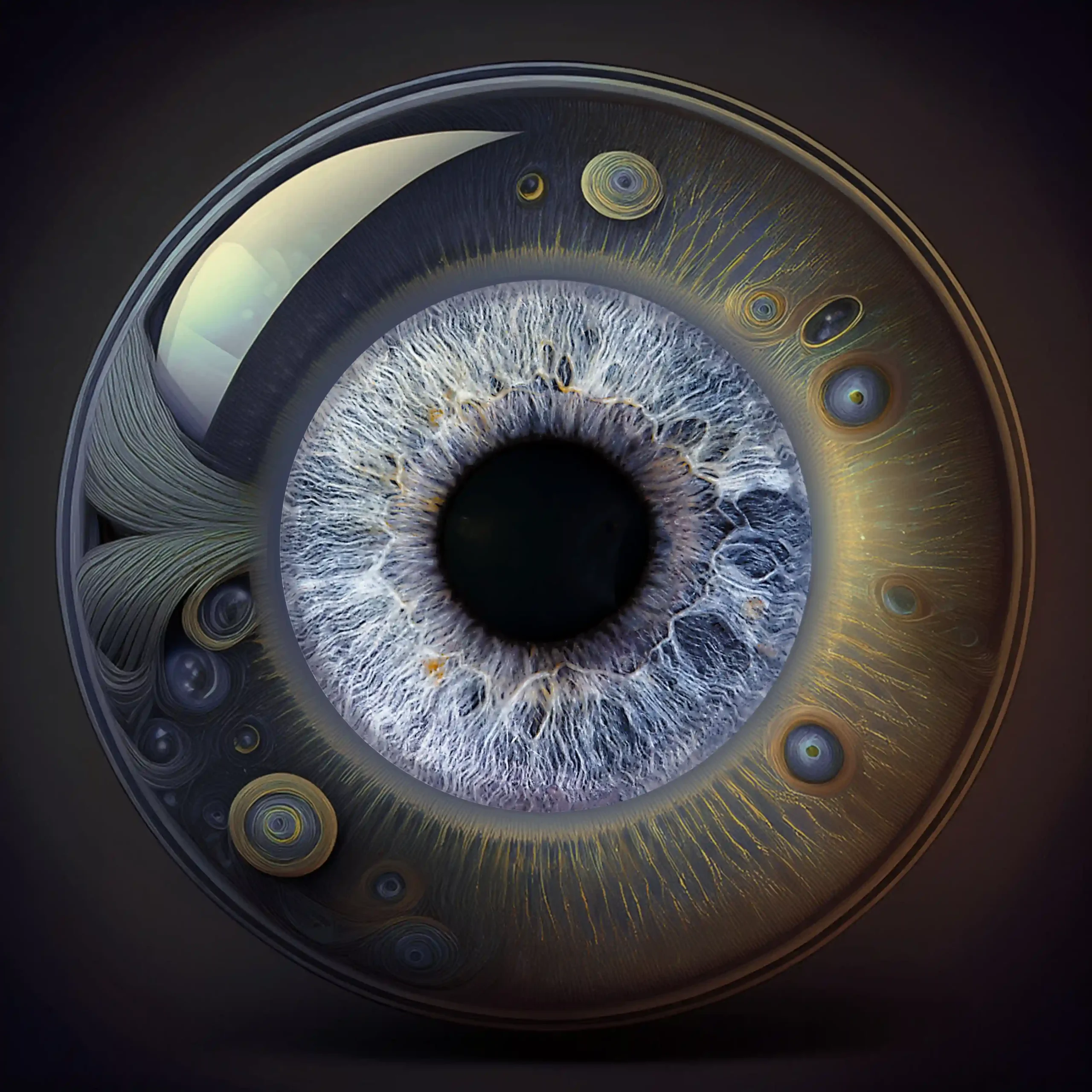 Un iris humain aux nuances de gris et de bleu est encadré par des éléments futuristes et bioniques. Des motifs circulaires et des lignes dorées et argentées sont présents sur les bords, créant une image de haute technologie et de science-fiction.