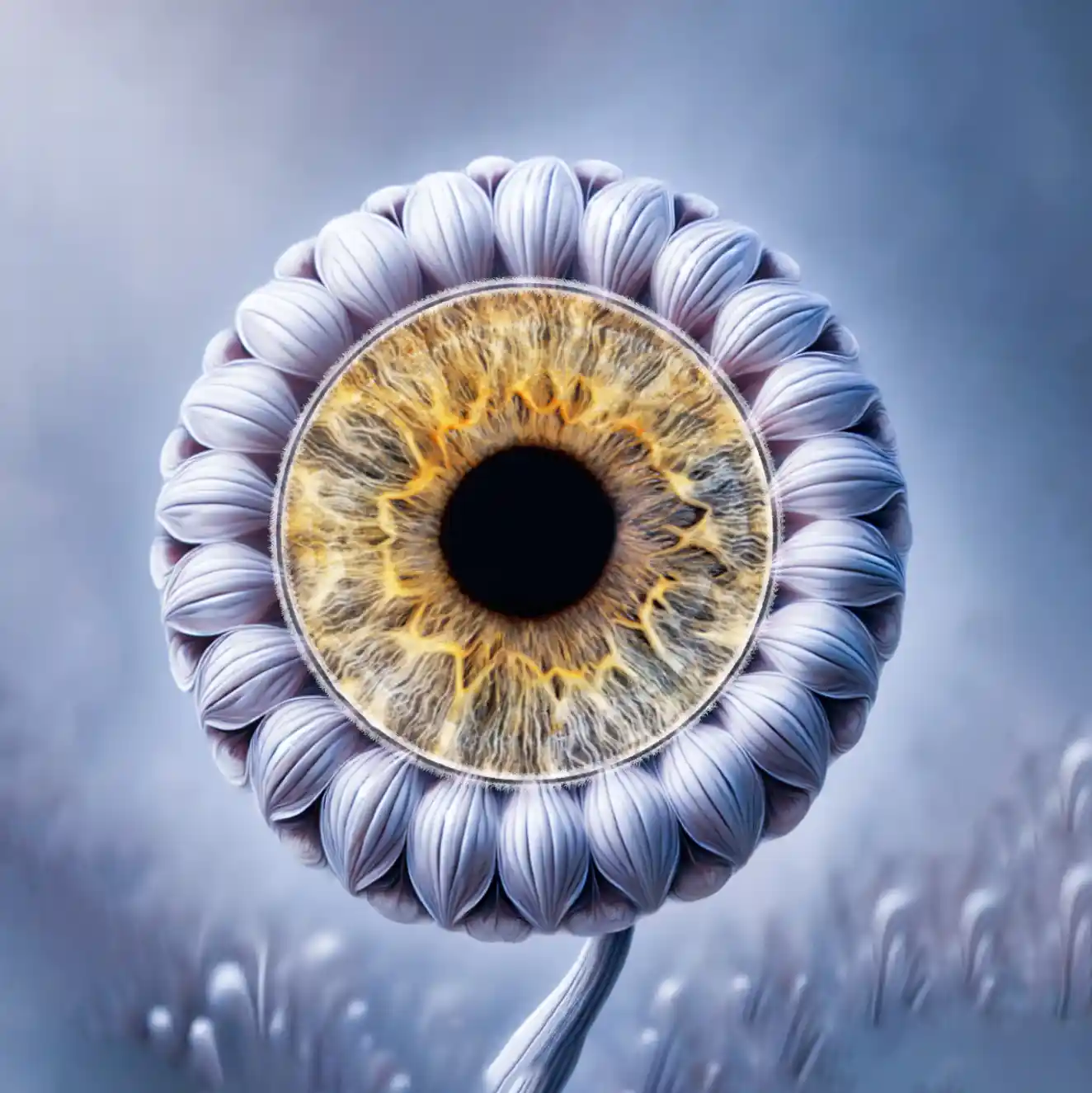 Un iris humain de couleur marron et jaune est au centre d'une grande fleur blanche aux pétales détaillés. L'ensemble de l'image est sur un fond de couleur claire et floue, créant un effet poétique.