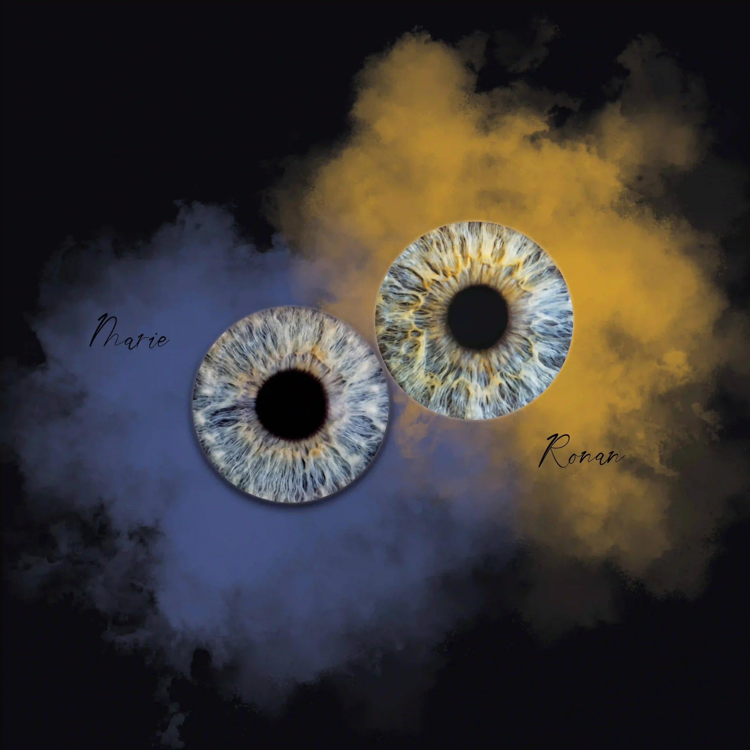 Un iris humain aux nuances de bleu, de marron et de jaune, est superposé sur un fond représentant une galaxie et des étoiles. L'iris est encadré par un cercle lumineux, créant une image onirique et spatiale.