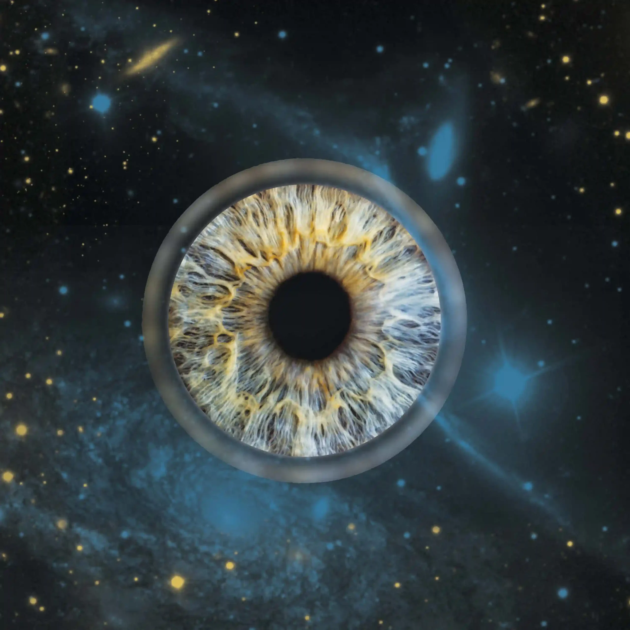 Un iris humain aux nuances de bleu, de marron et de jaune, est superposé sur un fond représentant une galaxie et des étoiles. L'iris est encadré par un cercle lumineux, créant une image onirique et spatiale.