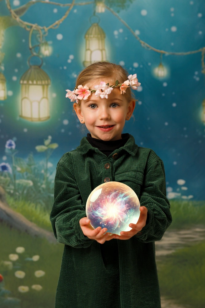 Portrait d'une jeune fille vêtue d'une robe de velours, tenant une boule lumineuse magique. Elle porte une couronne de fleurs et se trouve dans un décor de forêt enchantée avec des lanternes et des champignons lumineux.