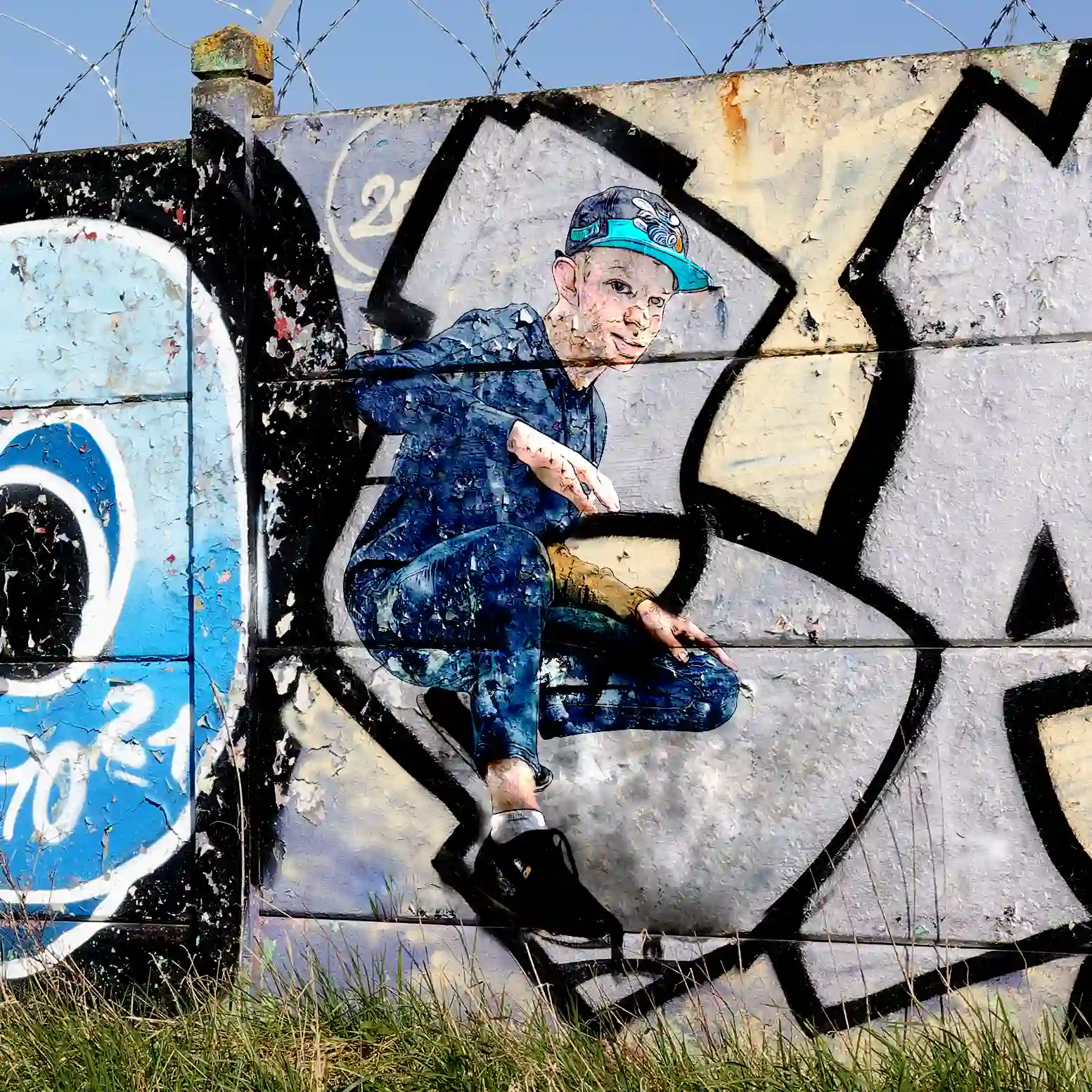 Photomontage d'un jeune adolescent accroupi, inséré dans un mur de graffitis. Il porte une casquette et un sweat à capuche bleu.