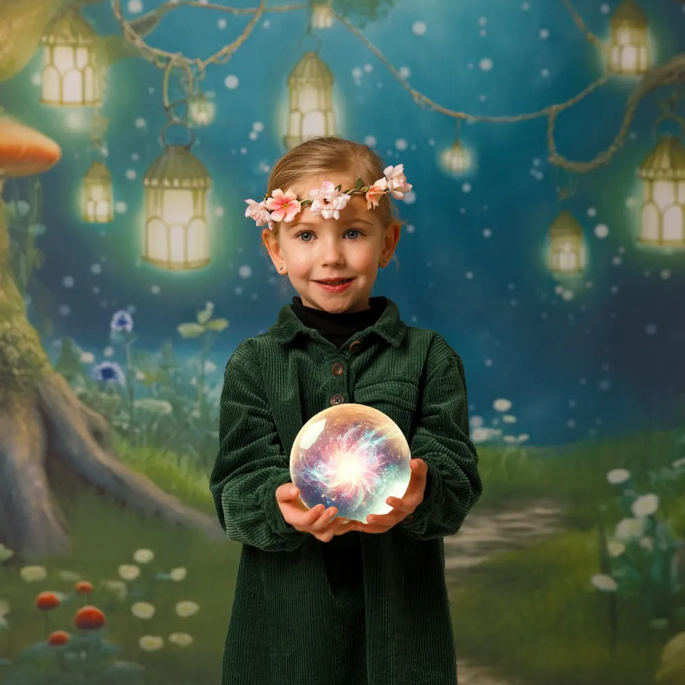 Portrait féerique d'une petite fille en studio, souriant avec une couronne de fleurs et tenant une boule de cristal lumineuse.