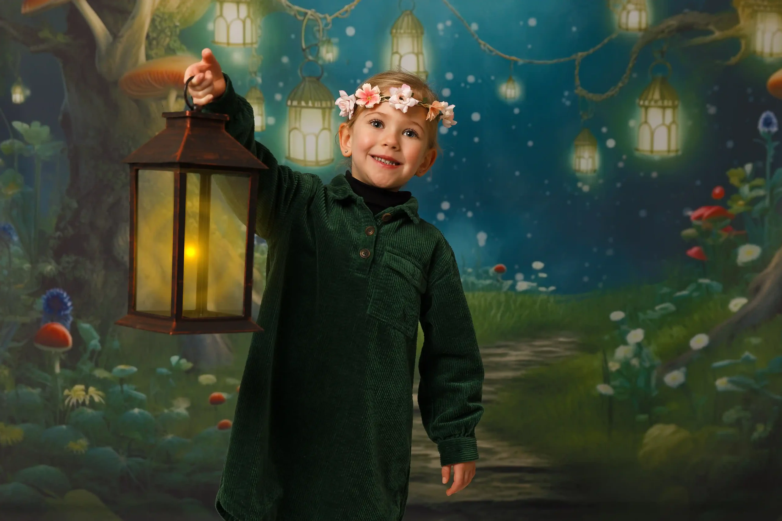 Enfant devant une toile de fond de studio. Ce fond photo représente un chemin féérique.