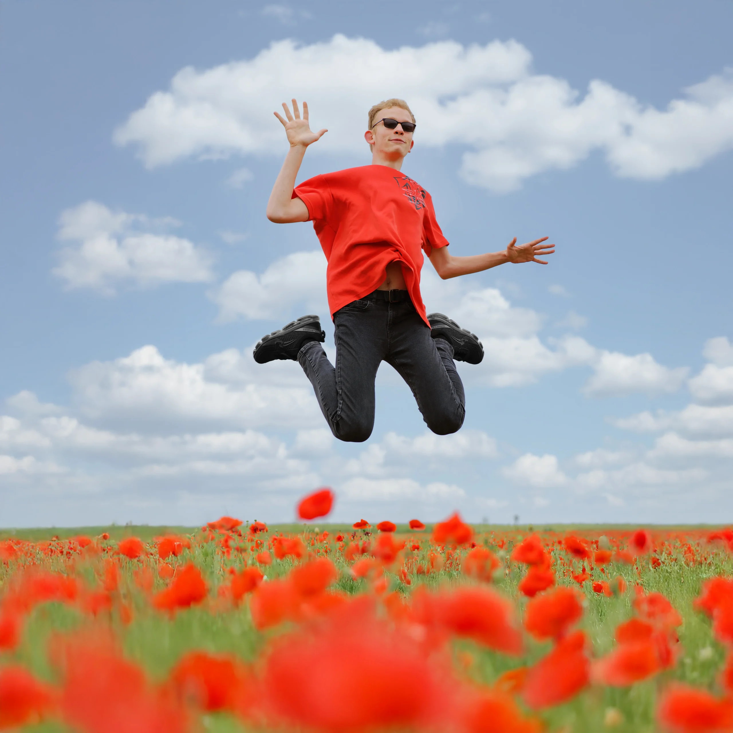 · Portrait d'un homme sautant de joie dans un champ de coquelicots sous un ciel bleu, pour une séance photo en extérieur.
