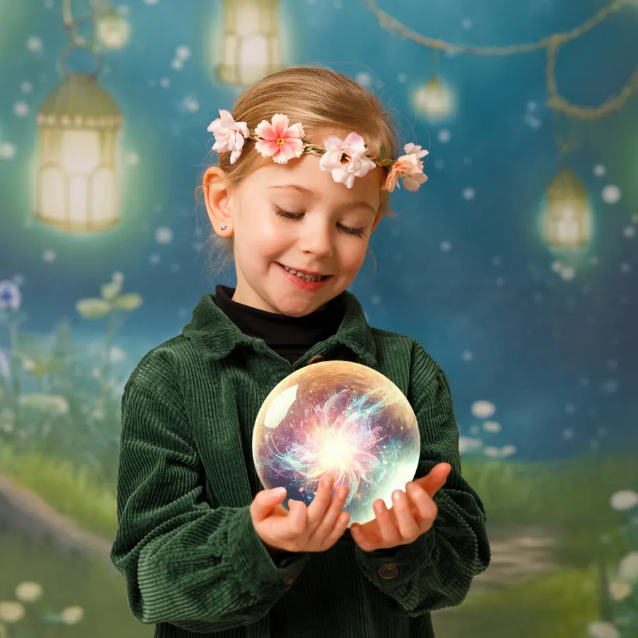 Portrait féerique d'une petite fille en studio, tenant une sphère de lumière magique, avec une couronne de fleurs dans les cheveux.
