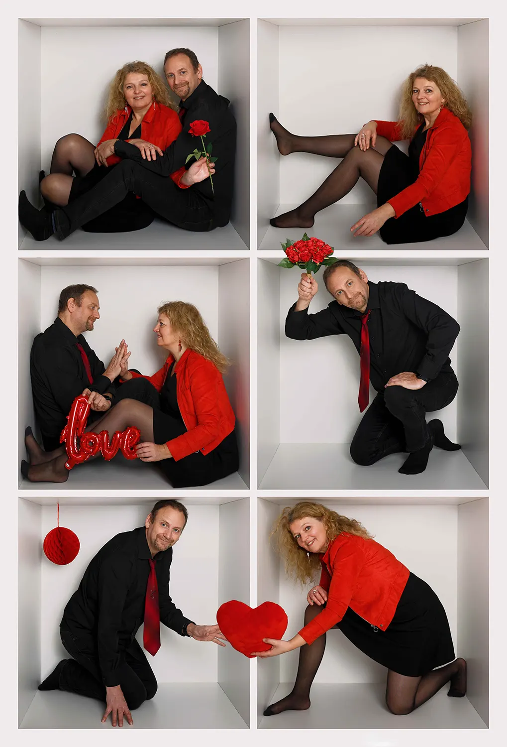 Composition de six photos en studio d'un couple d'adultes, homme et femme. Les photos sont disposées dans un format de type "photomaton" en six cases distinctes. L'homme et la femme portent des vêtements noirs et un haut rouge. Ils posent de manière ludique avec des accessoires comme une rose, un coussin en forme de cœur, une lettre "love" rouge, et des décorations rouges.